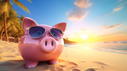 Pink piggy bank adorned with stylish travel sunglasses resting on a beach – a savings representation for enjoying a vacation retreat - obrazy, fototapety, plakaty