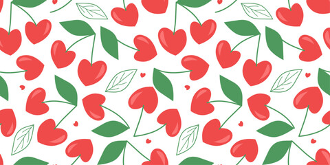 Seamless pattern with cherries in the shape of a heart. Romantic print for Valentine's Day. Vector graphics.
