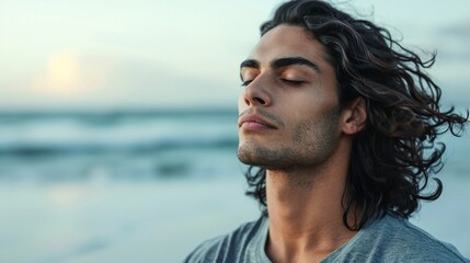 Close up of handsome medium-aged meditating man with gray hair and beard on the ocean shore, with closed eyes - obrazy, fototapety, plakaty