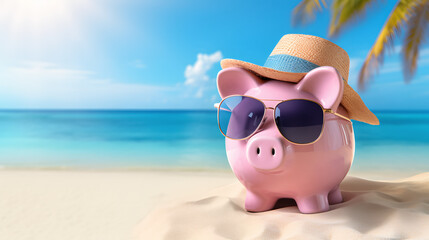 pink piggy bank with travel sunglasses on the beach - savings concept for relaxing on vacation