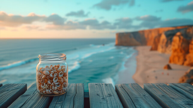 Bocal en verre rempli de petits coquillages divers sur une terrasse surplombant l'océan, vacances à la mer et coucher de soleil sur la plage