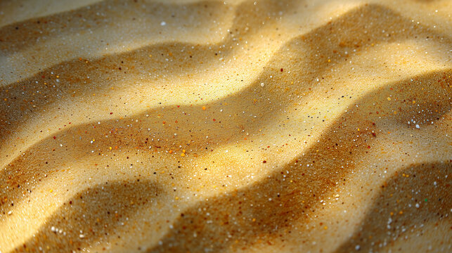 Gros plan du sable d'une plage avec des particules de coquillages qui brillent au soleil