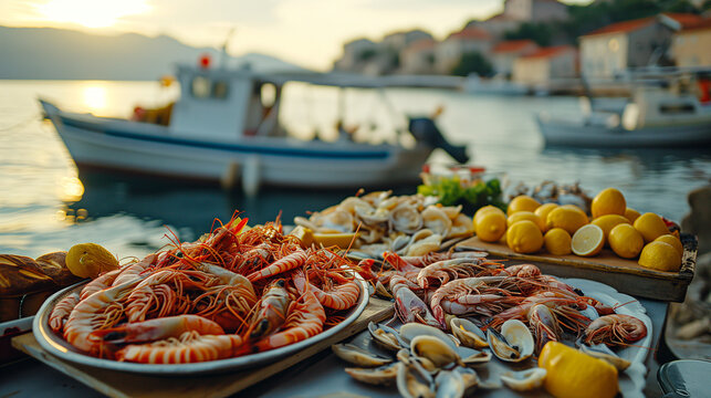 Plateau de fruits de mer frais venant du port de p&ecirc;che : langoustines, crevettes roses, moules