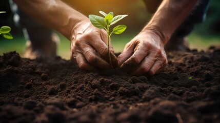 Hands of senior man caring green plant environment growing in fertile soil, Farmer hands planting seeds in soil.