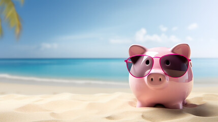 pink piggy bank with travel sunglasses on the beach - savings concept for relaxing on vacation