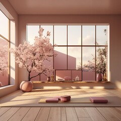 A serene space adorned with cherry blossoms and bathed in gentle sunlight