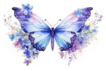 Illustration of Butterfly and blooming flowers isolated on white background. In pastel purple blue colors. Ideal for use in greeting card designs, wall art, or spring themed advertisements.