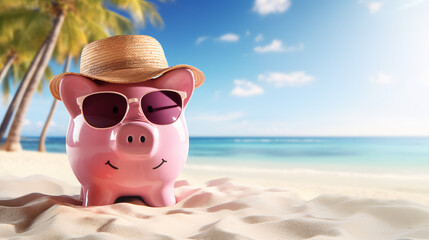 pink piggy bank with travel sunglasses on the beach - savings concept for relaxing on vacation