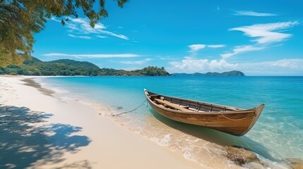 Naklejka na ściany i meble Wooden boat on a tropical beach with white sand and clear blue ocean water