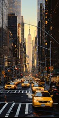 New York City street scene with yellow taxis and the Empire State Building in the background