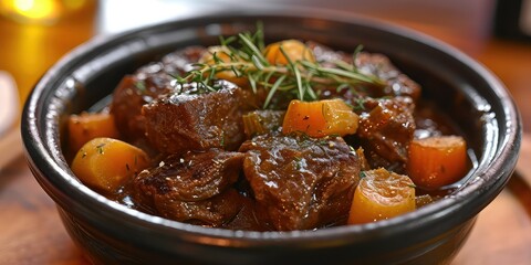 Hachee Culinary Classic, A Visual Symphony of Slow-Cooked Beef Stew - Infused with Onions and Tangy Vinegar - Capturing Flavorful Bliss - Hearty Comfort - Warm, Cozy Lighting Setting the Stage