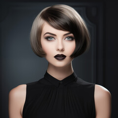 Portrait of a beautiful young woman with elegant short creative hairstyle and natural makeup.