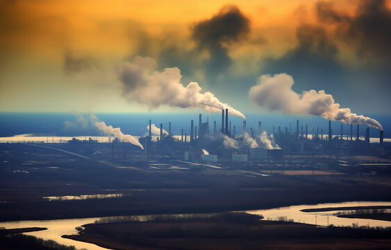 Oil refinery plant. Processing factory. Oil crude and gas refineries. Louisiana petrochemical plant Smoking chimneys. Toxic Smoke, Air Pollution, CO2 Crisis. Carbon dioxide emissions. Carbide plant.