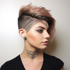 Fashion portrait of young beautiful woman with short hairstyle and bright makeup.