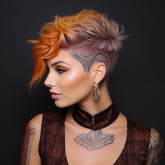 Fototapeta premium Fashion portrait of young beautiful woman with short hairstyle and bright makeup.