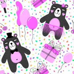 Birthday party cartoon animals seamless bears and balloons and gift pattern for wrapping paper and fabrics
