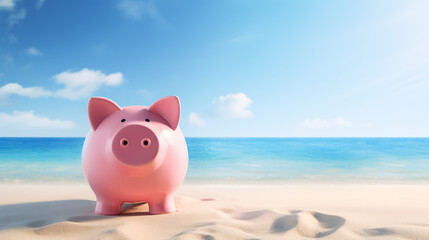 pink piggy bank on the beach sand - savings concept to enjoy the holidays - obrazy, fototapety, plakaty