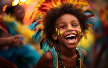 criança sorridente feliz no carnaval, carnaval chamativo - obrazy, fototapety, plakaty