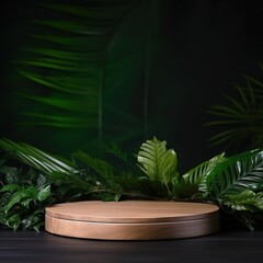 Wooden podium with tropical leaves,