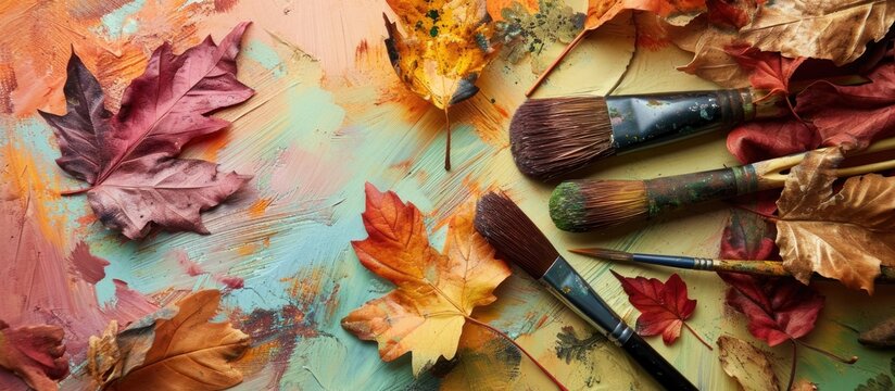 Artistic brushes loaded with paint made from Autumn leaves on a colored paper background in various colors, viewed from the top.