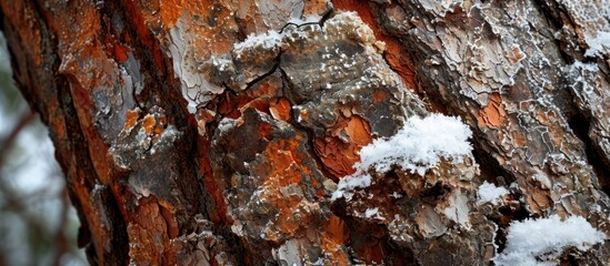 Snow on the textured bark of a tree, brown and red.