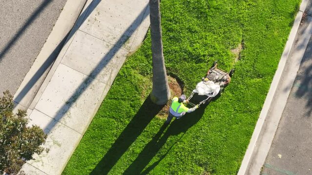 Overhead shot of male worker mowing grass with electric lawn mower at The Commons shopping center at Calabasas, Los Angeles, USA. Man in uniform using lawnmower to cut grass on the street, 4k footage