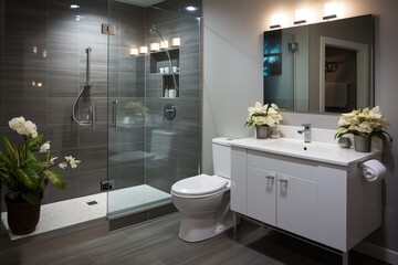Small bathroom interior with dark grey tiles and white vanity - obrazy, fototapety, plakaty