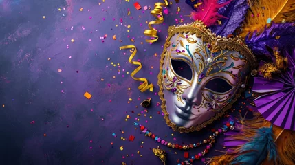 Poster Mardi gras holiday festival. Purple background and mask and confetti tinsel. Mardi gras New Orleans © megavectors
