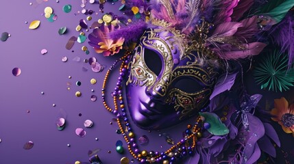 Mardi gras holiday festival. Purple background and mask and confetti tinsel. Mardi gras New Orleans