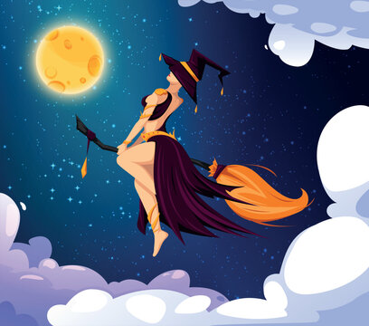 Vector illustration. The witch. A girl on a broomstick flies across the sky on a full moon.