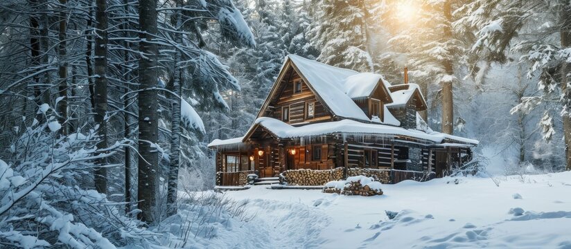 Wooden house in snowy forest with cozy fireplace and ample firewood.