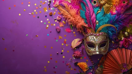 Foto op Plexiglas Mardi gras holiday festival. Purple background and mask and confetti tinsel. Mardi gras New Orleans © megavectors