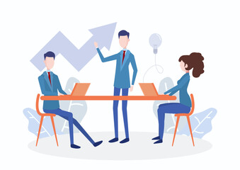 A group of characters brainstorming ideas, preparing for a business project kickoff, aiming for a successful career rise. Flat vector modern illustration.
