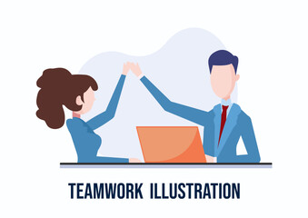Business meeting and discussion with teamwork illustration. businessman and woman talk with goal idea for success. Vector illustration.