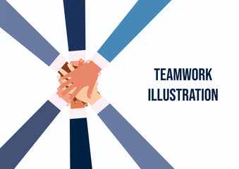 International hands of people folded together at the center, forming a unity group symbol, representing teamwork. View of business people putting their hands together. Flat modern vector illustration.