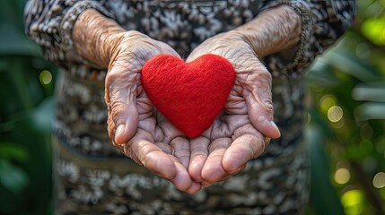 Elderly senior person or grandparent's hands with red heart in support of nursing family caregiver for national hospice palliative care and family caregivers month concept