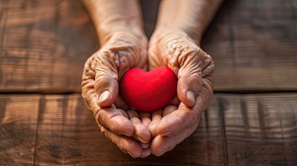 Elderly senior person or grandparent's hands with red heart in support of nursing family caregiver for national hospice palliative care and family caregivers month concept