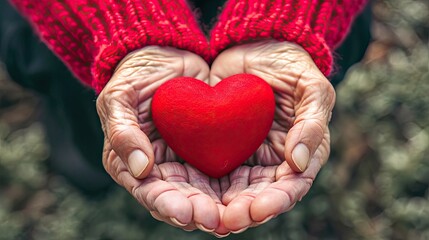 Elderly senior person or grandparent's hands with red heart in support of nursing family caregiver for national hospice palliative care and family caregivers month concept - obrazy, fototapety, plakaty