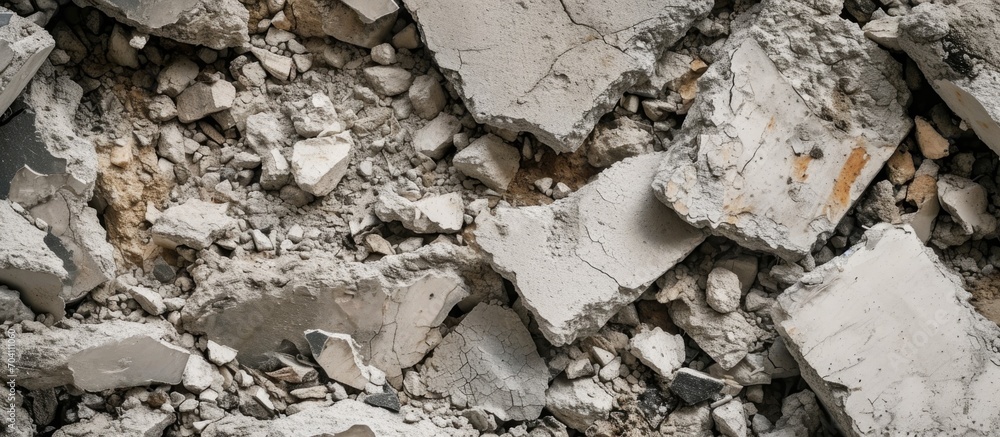 Poster front view of a background with destroyed concrete fragments.