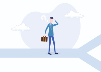 Business direction, choosing options or multiple paths, making decisions for career path or business growth. A confused businessman contemplating decisions on multiple routes ahead. Flat Illustration