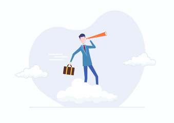 Business opportunities, leadership vision to visualize the company's strategy in achieving targets. A smart businessman flies above the clouds, holding a telescope in search of business visionaries