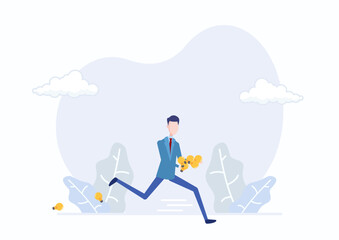 Business idea, creativity, start-up, entrepreneurship, or innovation represented by a light bulb symbol. A smart businessman is running with lots of light bulb ideas. Flat vector modern illustration.