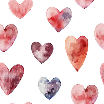 Seamless pattern with watercolor hearts. Hand-drawn illustration.