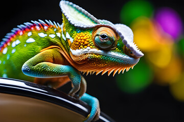 Colorful chameleon perched on edge, gazing at camera against black backdrop. Illustration Generative ai