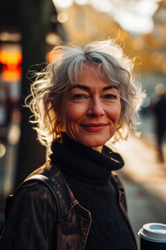 60 years old smiling woman in the city, gray hair, looking  in camera