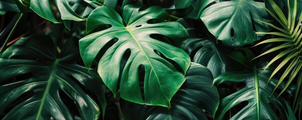 Fototapeta premium Abstract green leaf texture, nature background, tropical leaf. closeup nature view of green leaf and palms background.
