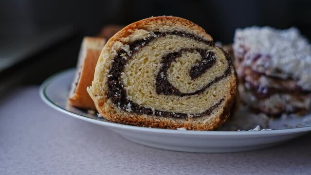 Sweet Delicious Traditional Polish Poppy Seed Cake Strudel Served during Christmas Season