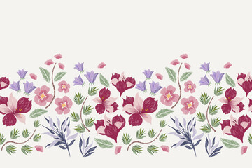 Pink Floral pattern  seamless background frame border .Pastel pink blue flowers Ikat design paisley embroidery with floral motifs. Ethnic pattern oriental traditional. Spring summer flower vector . © Wita Pixs