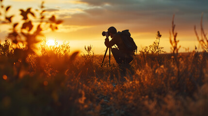 Um fotógrafo registrando um pôr do sol na mata, IA Generativa