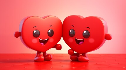 Paired red hearts stand together, exchanging bright smiles, radiating a lively and cheerful atmosphere, symbolizing shared joy and happiness.